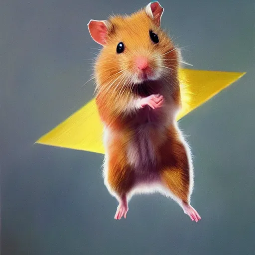 Image similar to a hyper realistic oil painting of a hamster dressed as a superhero and flying through the sky