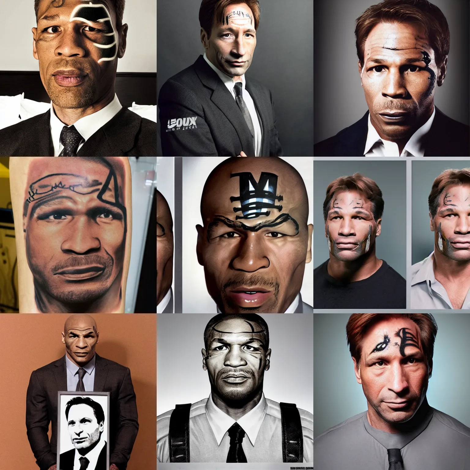 Prompt: agent Fox Mulder from x-files with Mike Tyson face tattoo, studio portrait