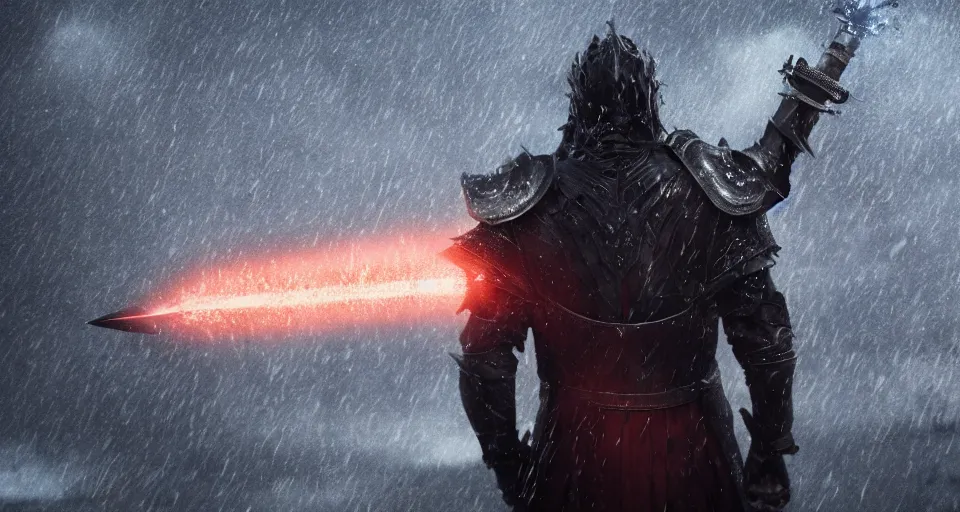 Image similar to The dark paladin with a heated sword in his hand and a burning flame with a sword in the rain. cinematic shot from back, realistic, 4K,