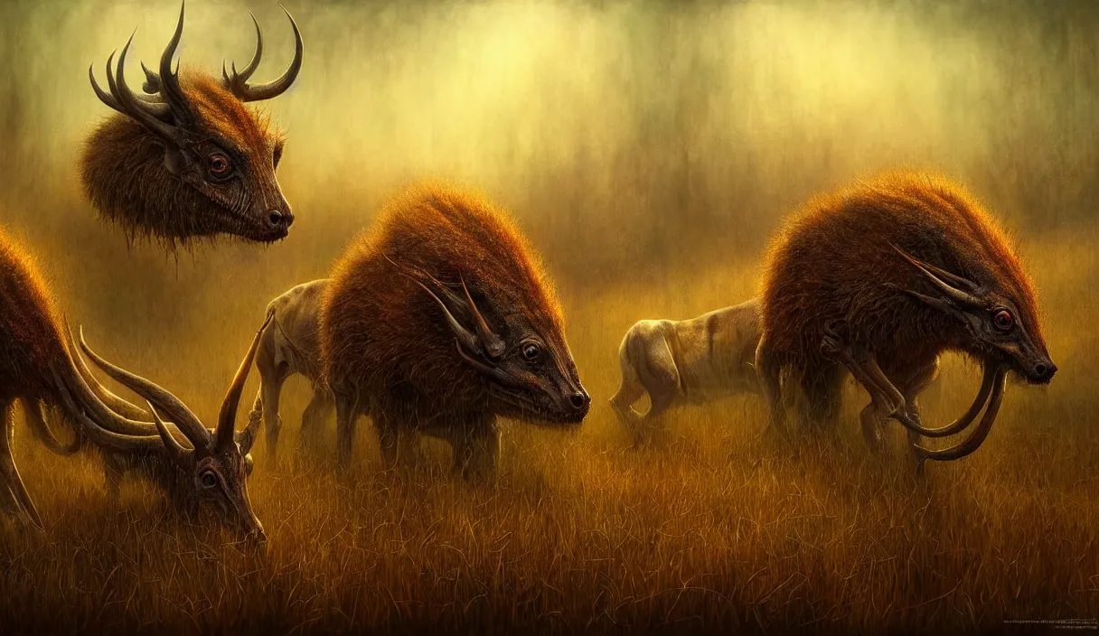 Image similar to epic professional digital art of hungry eyes, ambient golden light, painted, mysterious, cinematic terrifying prairie animals scene, eerie, mythic, detailed, intricate, grand, leesha hannigan, wayne haag, reyna rochin, ignacio fernandez rios, mark ryden, van herpen, artstation, cgsociety, epic, stunning, gorgeous, wow wow detail