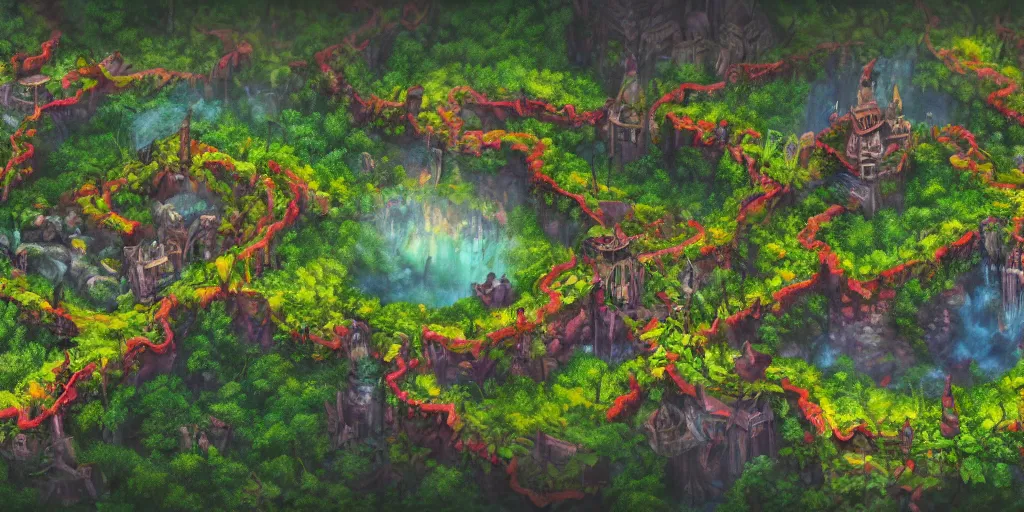 Prompt: infographic map of beautiful Hyperrealistic vine castle on top of a volcano in the middle of a dark scary jungle, smaller colorfull shacks surround, macro lens, shallow depth of field, highly detailed, digital painting, trending artstation, concept art, illustration, cinematic lighting, vibrant colors, photorealism, epic, octane render