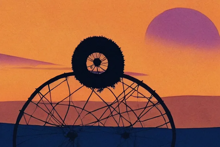 Image similar to giant wheels roll toward a golden desert sunset, cinemascope, studio ghibli, widescreen