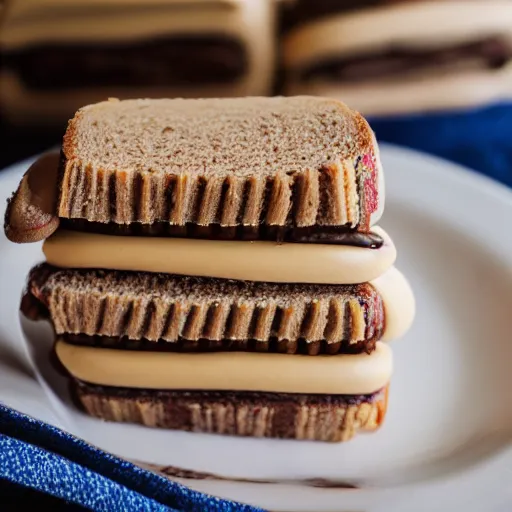 Prompt: peanut butter and cake icing sandwich, yum, 30mm photography