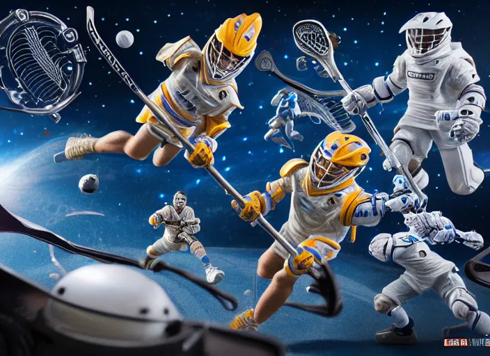 Image similar to photo of the lacrosse team, playing intergalactic championship, in space, versus chitauri, highly detailed, 8k, intricate, sony a7r iv 55mm, award winning.