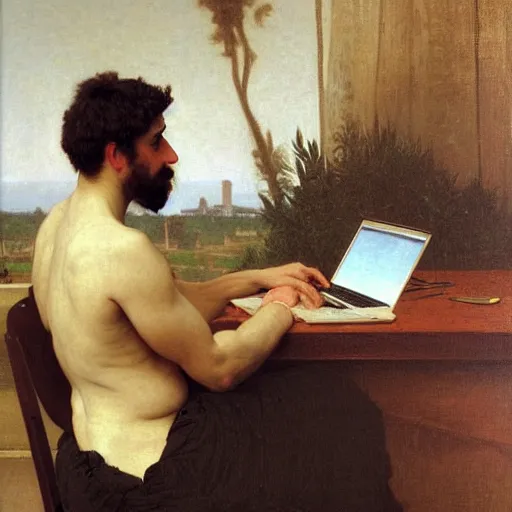 Image similar to an oil painting of an man playing a laptop, view from back, by Bouguereau, highly detailed and intricate,