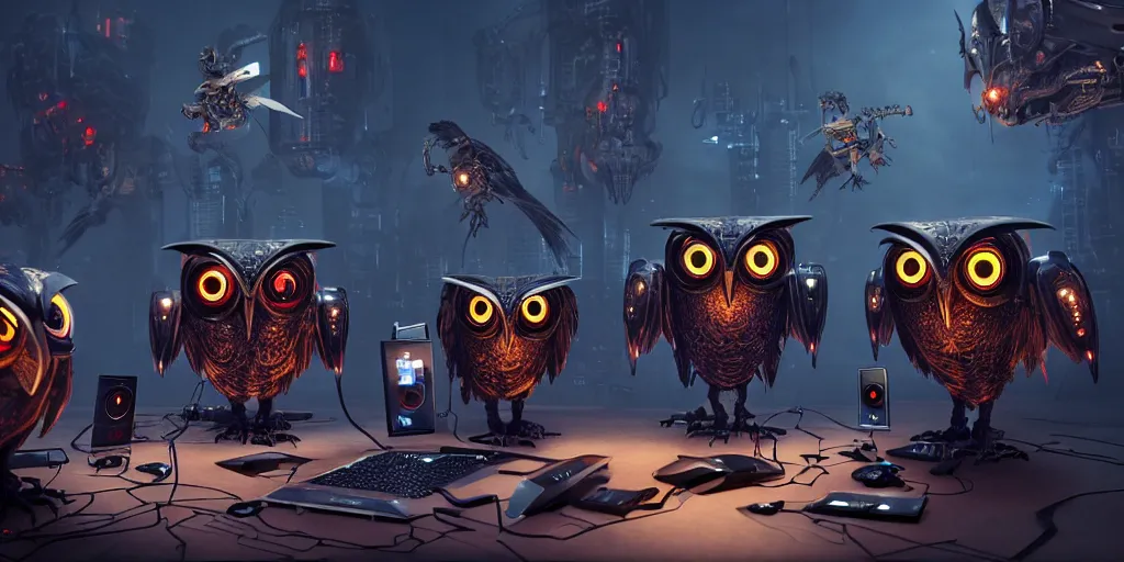 Prompt: an giant evil, malevolent, cyborg owls looking at a computer, surrounded by computer screens. steampunk. this 4 k hd image is trending on artstation, featured on behance, well - rendered, extra crisp, features intricate detail and the style of unreal engine. volumetric lighting octane render