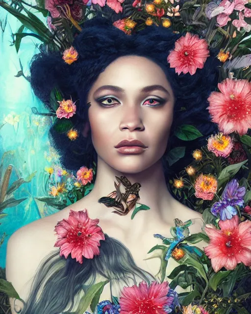 Prompt: portrait of the africo - american queen of the underworld, surrounded by flowers by karol bak, james jean, tom bagshaw, rococo, sharp focus, trending on artstation, cinematic lighting, hyper realism, octane render, 8 k, hyper detailed.