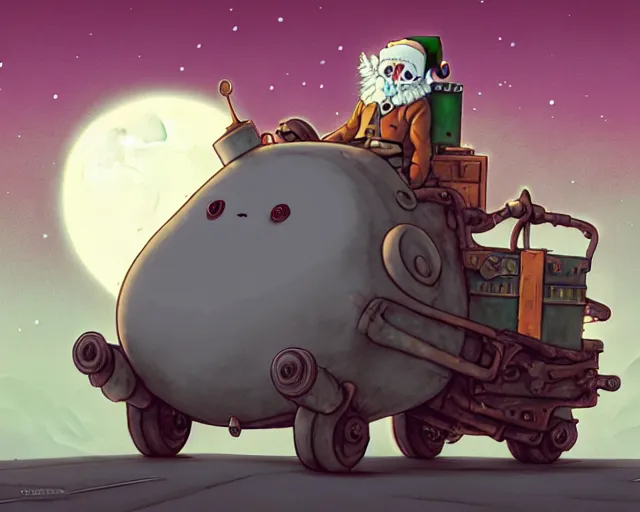 Image similar to a cell shaded cartoon grey lovecraftian mechanized santa from howl's moving castle ( 2 0 0 4 ), with a big head, on a desert road, wide shot, in front of a big moon, muted colors, post grunge, josan gonzales, wlop, by james jean, victor ngai, hq, deviantart, art by artgem