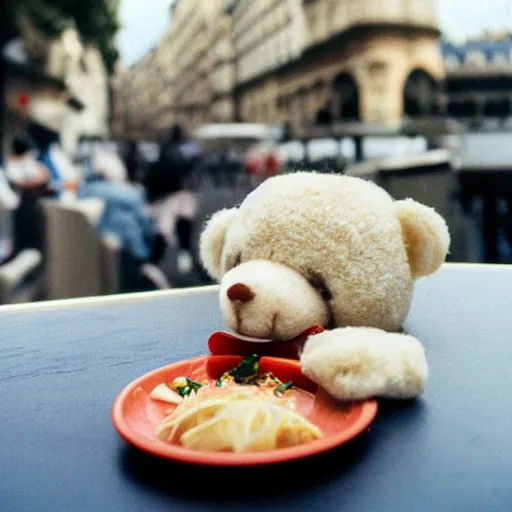 Prompt: a photo of a realistic teddy bear eating sushi in Paris, summer day, beautiful , photorealistic , 8k 35 mm Kodak film