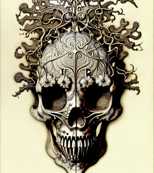 Image similar to art forms of nature by ernst haeckel, memento mori by arthur rackham, ornate antique porcelain beautiful skull mask, ultrasharp, photorealistic, hyperdetailed, octane render, polished, art nouveau, neo - gothic, gothic, intricate ornamental organic filigree, art nouveau botanicals, art forms of nature by ernst haeckel, horizontal symmetry, symbolist, visionary