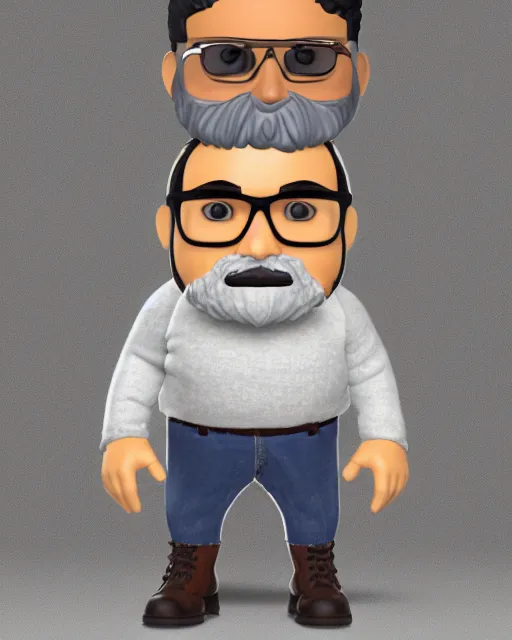 Prompt: full body 3 d render of indian man, chubby face, small dark grey beard, small glasses, grey hair, horsehoe beard, sweater, as a full body funko pop!, studio lighting, grey background, single body, no shadow, blender, trending on artstation, 8 k, highly detailed