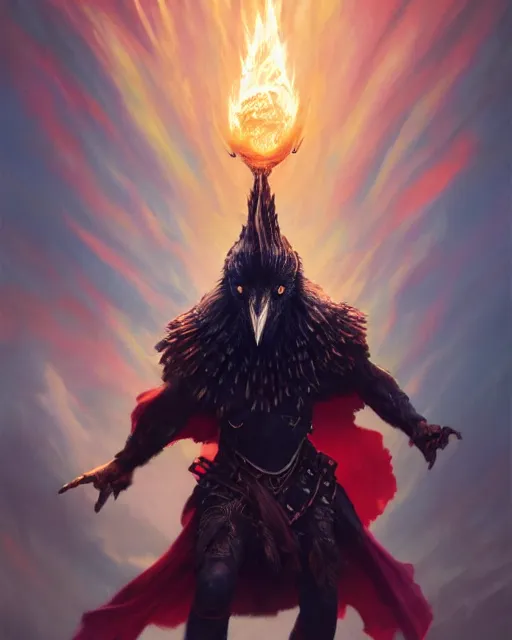 Image similar to oil painting of a Anthropomorphized raven shaman throwing fireball, sharp focus, heroic pose, fantasy style, octane render, volumetric lighting, 8k high definition, by greg rutkowski, highly detailed, trending on art Station, magic the gathering artwork, Mountain background, centered