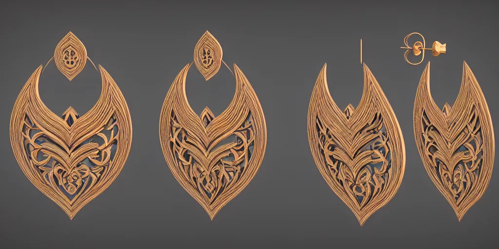 Image similar to earring design, jewelry design, wood, nordic, art deco, intricate, elegant, material, product design, trending on artstation, cgsociety, photo realistic, design by ziva cph and isabel lennse and kalevala, 8 k, unreal engine, c 4 d