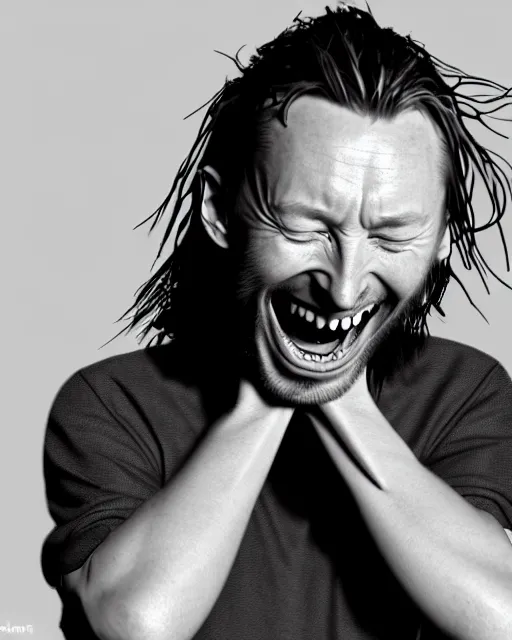 Image similar to a biomorphic portrait of thom yorke laughing, 4 k, octane high quality render