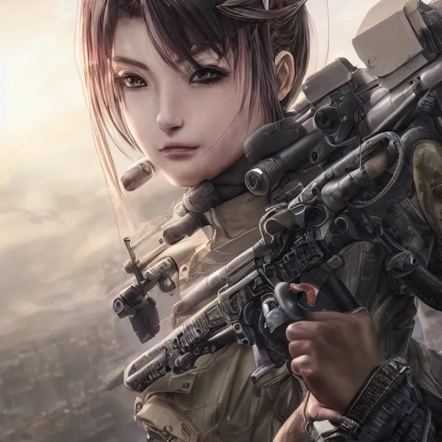 Image similar to the photorealistic portrait of lawful neutral female futuristic marine sniper as absurdly beautiful, gorgeous, elegant, young anime gravure idol, an ultrafine hyperdetailed illustration by kim jung gi, irakli nadar, intricate linework, bright colors, octopath traveler, final fantasy, unreal engine 5 highly rendered, global illumination, radiant light, detailed and intricate environment