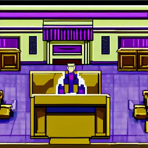 Image similar to Thanos in a Phoenix Wright game, court, witness stand, pixel art