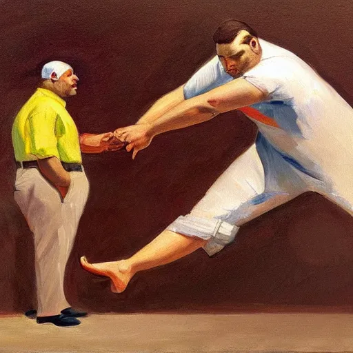 Prompt: a painting of a bird trying to fly away while a big man is holding him back by its foot, in the style of hopper