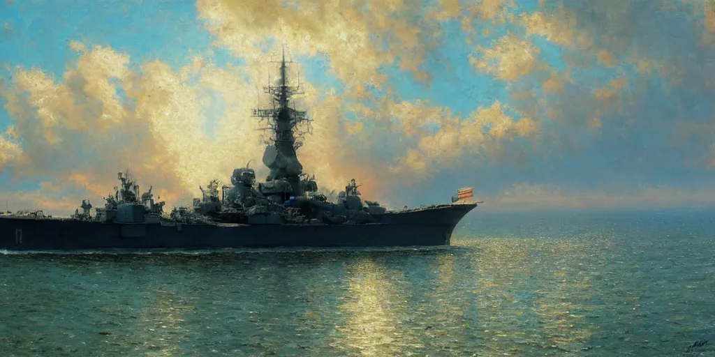 Image similar to detailed cinematic wide shot of world war 2 battleship, ultra realistic, spring light, painting by gaston bussiere, craig mullins, j. c. leyendecker.