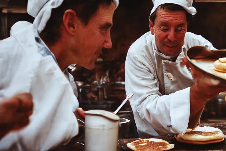 Prompt: closeup potrait Dutch chefs impressing french peasants with superior pancakes, natural light, sharp, detailed face, magazine, press, photo, Steve McCurry, David Lazar, Canon, Nikon, focus
