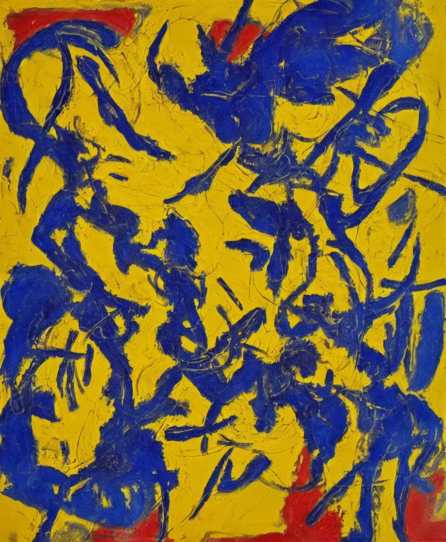 Prompt: blue and yellow warrior defeats satan, expressive abstractionism, many small saturated hard relief strokes of oil on canvas with high detail