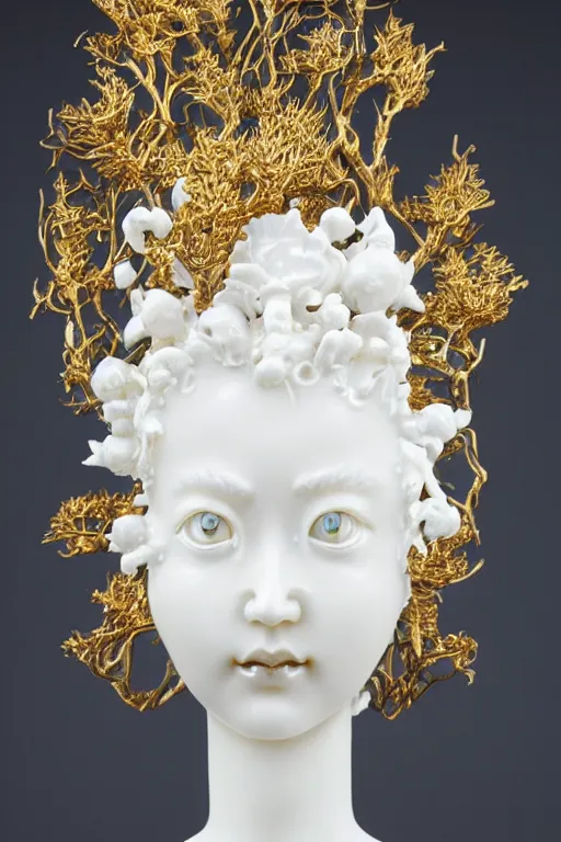 Image similar to full head and shoulders, beautiful female white, porcelain sculpture, with ornate willow china pattern, lots of ornate gold leaf 3 d japanese dragons attached to head by daniel arsham and james jean, on a white background, delicate facial features, white eyes, white lashes,