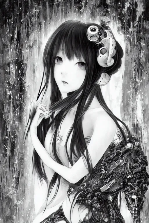 Prompt: a vertical portrait of a character in a scenic environment by Yoshitaka Amano, black and white, dreamy, (cybernetic), wavy long black hair, highly detailed