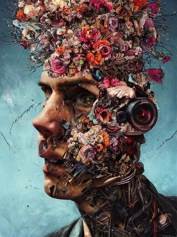 Image similar to art portrait of a man with flowers exploding out of head, cameras, decaying ,8k,by tristan eaton,Stanley Artgermm,Tom Bagshaw,Greg Rutkowski,Carne Griffiths, Ayami Kojima, Beksinski, Giger,trending on DeviantArt,face enhance,hyper detailed,minimalist,cybernetic, android, blade runner,full of colour,