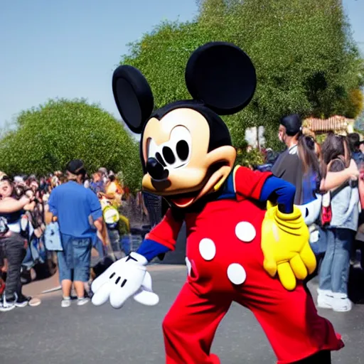 Prompt: the Mickey Mouse character at Disneyland taking off his costume, and it's actually Donald Duck underneath