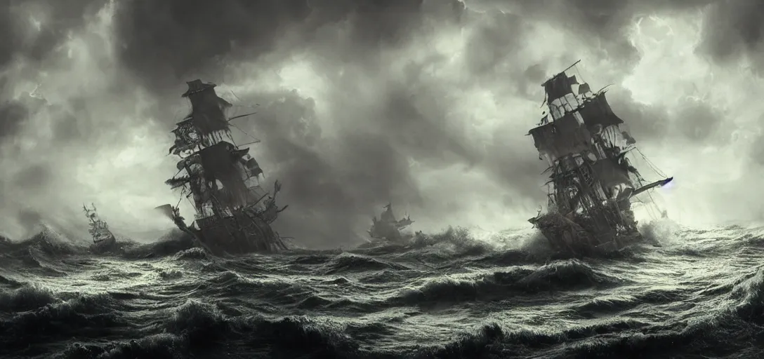 Image similar to wild ocean storm, old wooden pirate ship gets pulled down by giant kraken, appearing from fog, mist, dramatic lighting, cinematic, establishing shot, extremly high detail, foto realistic, pirates of the carribean, cinematic lighting, post processed, concept art, artstation, matte painting, style by eddie mendoza, raphael lacoste, alex ross