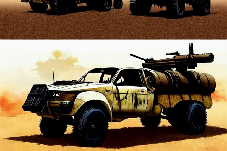 Prompt: dieselpunk mad max toyota hilux with large gun in the bed, painted by greg rutkowski makoto shinkai takashi takeuchi studio ghibli, akihiko yoshida