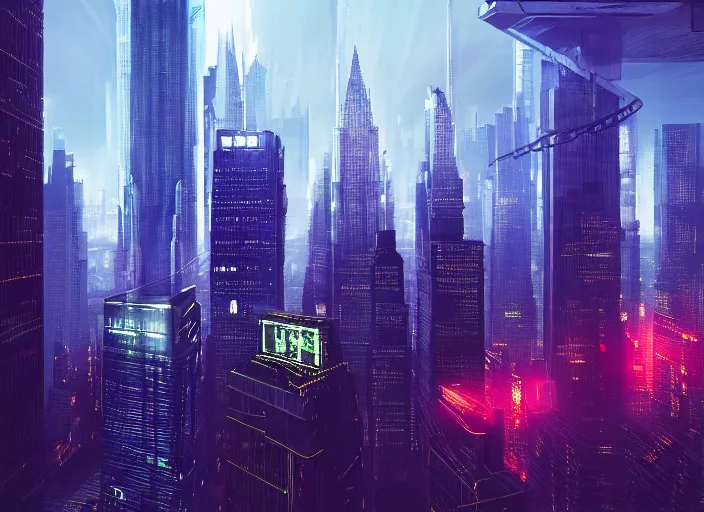 Prompt: cyberpunk scifi scene of new york skyline at night, artstation, matt painting, very detailed, maximalism, ambient occlusion, volumetric light, atmospheric haze, unreal engine, hyper realism, realistic shading, cinematic composition, realistic render, octane render, detailed textures, photorealistic, wide shot