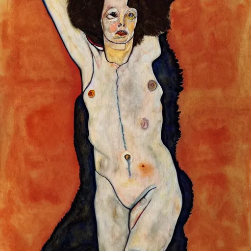 Prompt: wide angle full body portrait of ripley slipping out of her jumpsuit, watercolor, masterpiece, by Egon Schiele