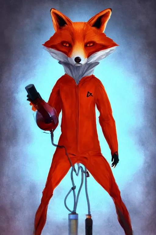 Prompt: a humanoid fox wearing scientist's clothes holding a red chemical, digital painting, masterpiece, digital art, high quality, highly detailed, concept art, trending on deviantart, high coherence, anatomically correct, five fingers, cinematic, high definition, path traced, laboratory background