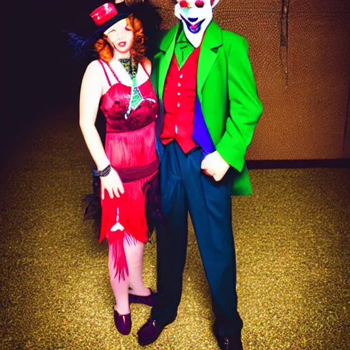 Prompt: the joker with a beard, wearing a fedora, standing next to a 20's flapper, prom pictures, amateur photography