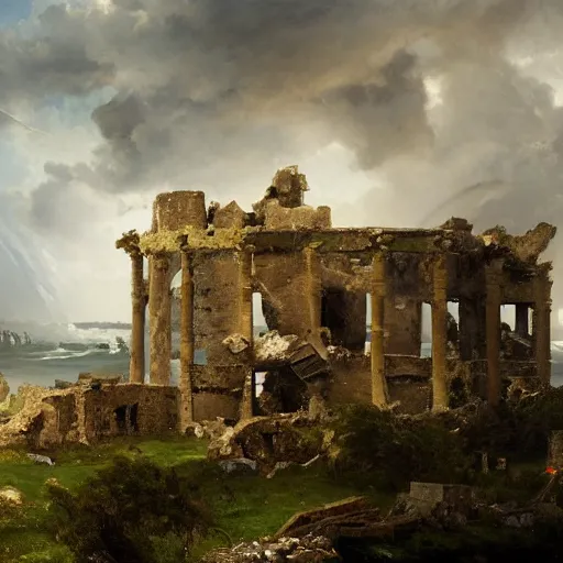Prompt: Panorama view of a hurricane lifting the ruins of a castle into the sky, flying island, oil painting, by Greg Rutkowski