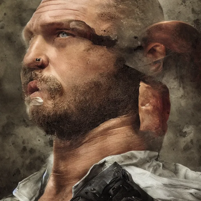 Image similar to professional photographic portrait of tom hardy as machiavelli vanquished scifi aliens strewn over the ground, renaissance style, fine art piece, incredible detail, vray rendering, high octane,