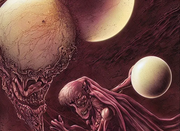 Image similar to griffith holding behelit during the eclipse from berserk, creepy, melting, since, horror, art by wayne barlowe, giger, artgerm