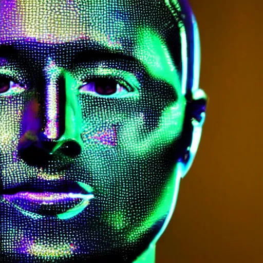 Image similar to a 3d human head made up of shiny holograms