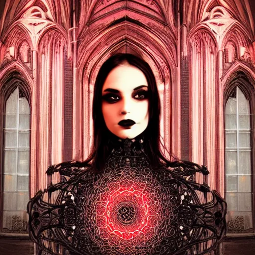 Prompt: landscape gothic girl dressed in black, perfect face, macro head shot, behind her a gothic cathedral, the windows of the cathedral are reflecting red flame lights, delicate mandala intricate ornaments