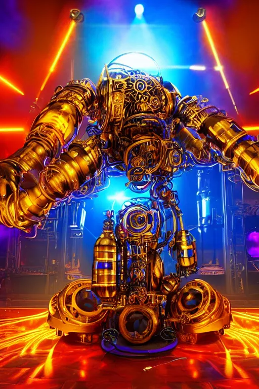 Prompt: portrait photo of a giant huge golden and blue metal futuristic steampunk robot covered with multicolored big gears and tubes, a huge steampunk drumset, eyes are glowing red lightbulbs, shiny crisp finish, 3 d render, 8 k, insaneley detailed, fluorescent colors, background is multicolored lasershow