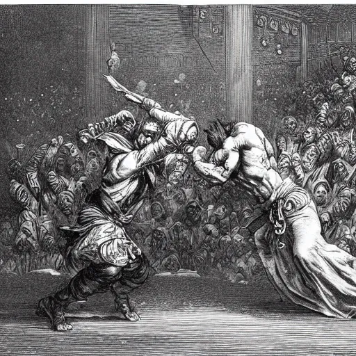 Image similar to A scene from Tekken 7, wood engraving, by Gustave Dore