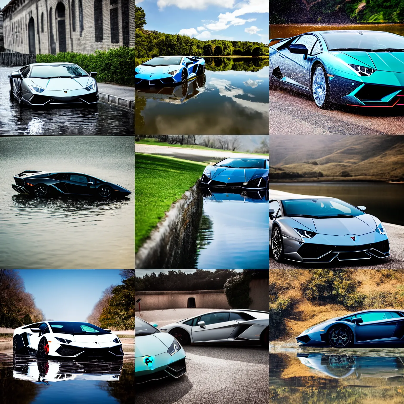 Prompt: photo of a lamborghini, water, reflections, sunny day