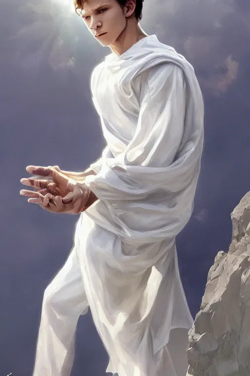 Image similar to tom holland godly white clothes meditating in the sun, blank lighting ultra realistic photorealistic highly detailed high quality, a stunningly, digital painting, artstation, concept art, smooth, sharp focus, illustration, art by artgerm and greg rutkowski and alphonse mucha 8 k