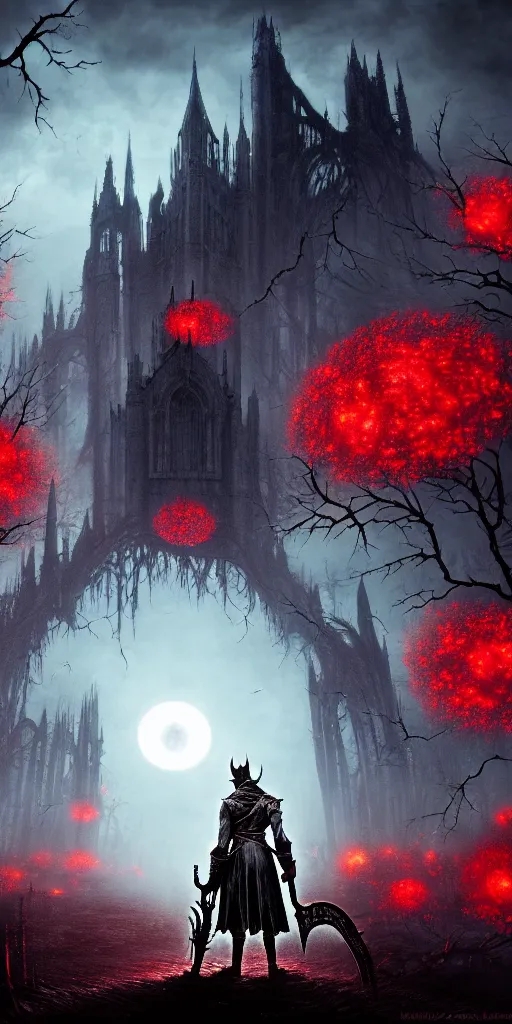 Image similar to populated bloodborne old valley with a dark person at the centre and a ruined gothic city in the background, trees and stars in the background, falling red petals, epic red - orange moonlight, perfect lightning, wallpaper illustration by niko delort and kentaro miura, 4 k, ultra realistic