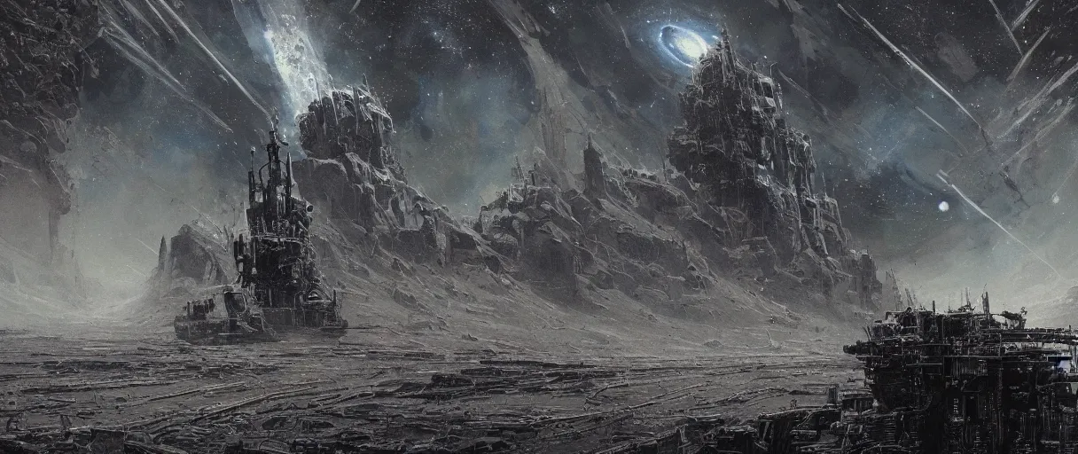 Prompt: lone industrial!!! spaceship!!, deepspace exploration!!!, only sky and space, ridley scott universe, floating in space, the final frontier, illustrative!!, ian mcque, apparent brush strokes, hyperdetailed, sketch, cinematic lighting, 4k, wide angle, trending on artstation, beksinski, by gustav doré, ((neon colors))
