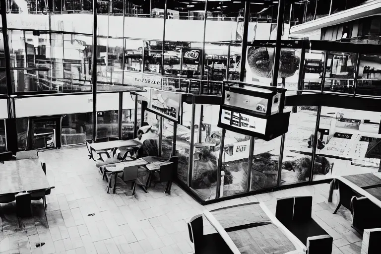 Prompt: a lion destroying furniture, empty fast food restaurant lobby, overhead view, surveillance, black and white, grainy image,