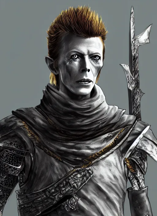 Image similar to portrait david bowie, dark souls style, warrior, gael knight, ashen warrior, detailed portrait