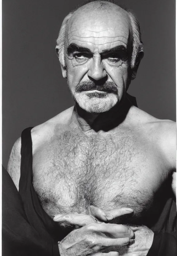 Image similar to The full figure studio portrait is of the actor sean connery. His skin is pale and wrinkled, his eyes are red rimmed and sunken. He is wearing the robes of the imperial emperor from star wars above the red leather mankini from the film zardoz and He has a thick black moustache and a long plait of hair. by Mark Mann and Steve McCurry. Nikon D850. Sigma 85mm F1.4 DG HSM A. Aperture f/3.5. Shutter speed 1/60. ISO 1600