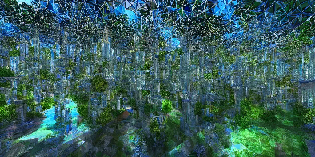 Prompt: long and tall fractal diamond crystal glass houses, village, jungle, artstation, digital art