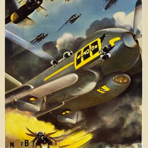 Image similar to a bumblebee painted b 2 9 bomber drops a bomb onto a sleeping soldier, ww 2 propaganda poster, highly detailed, no text